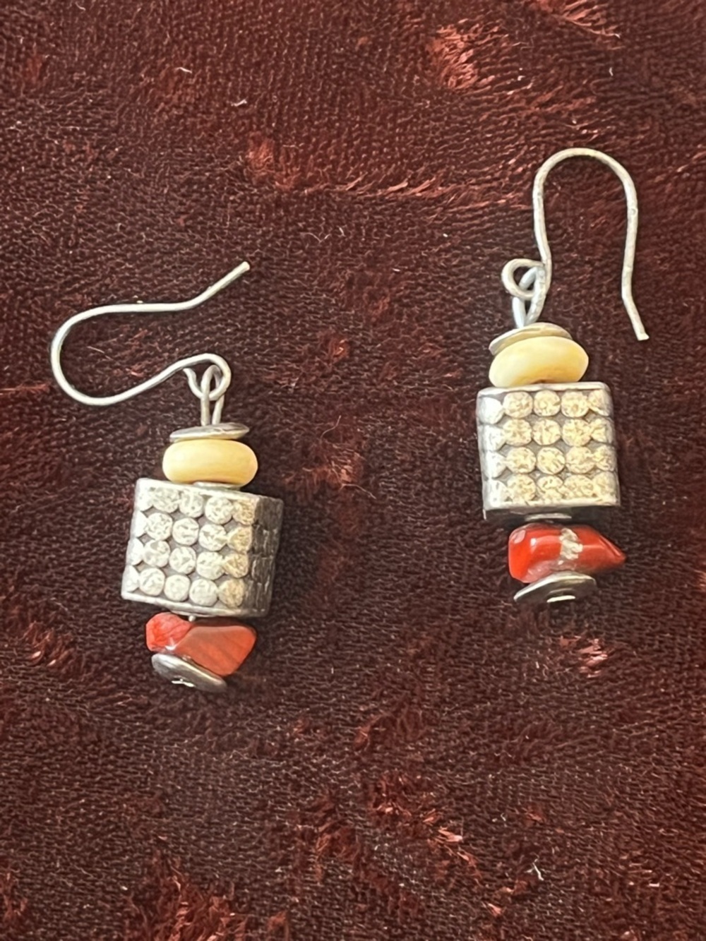Handcrafted Silver-Tone Earrings White Brown Beads Rectangular Textured Hook